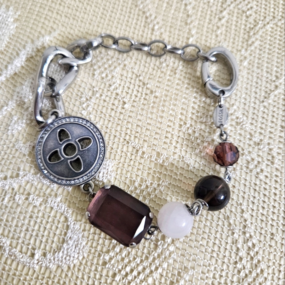 Vintage Fossil Pewter-tone Stainless Steel Gemstone, & Crystal Bead Bracelet - Picture 1 of 4